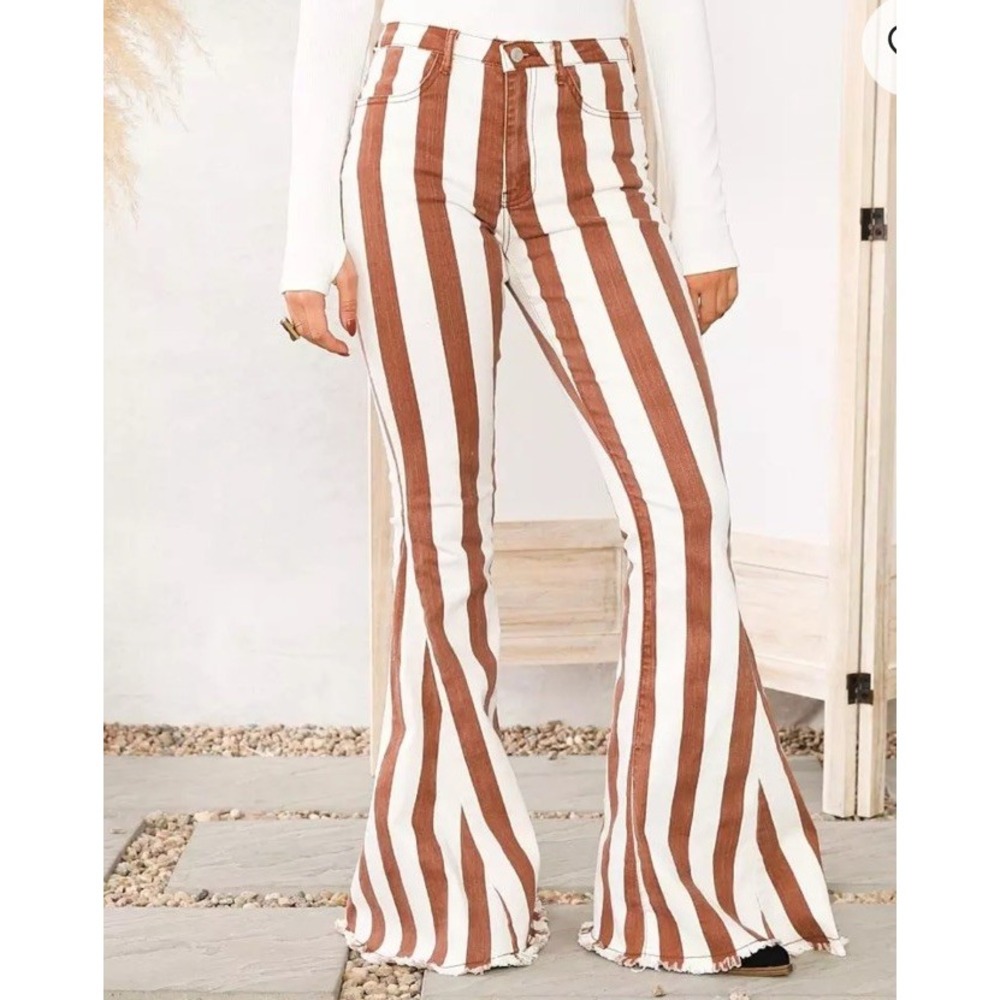 Saints & Hearts Striped Flare Jeans Womens S Brown Cream Retro Bell Bottoms‎ 70s